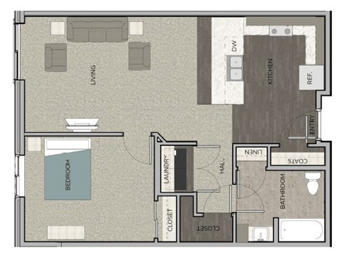 Floor plan for 1 bed, 1 bath, 652 sqft